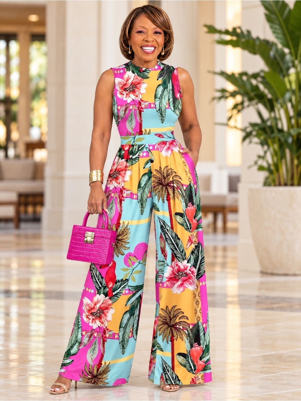 Plus Size Tropical Floral Wide Leg Jumpsuit 2X Sleeveless Resort